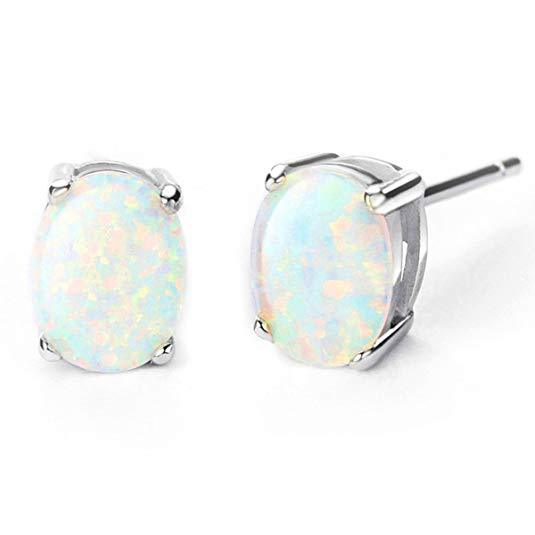 1.00 CTTW Oceanic Opal Oval Cut Studs in 14K White Gold Elsy Style Earring