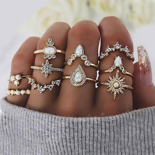 10 Piece Opal Created Ring Set With Austrian Crystals 18K Gold Plated Ring ITALY Design Elsy Style Ring