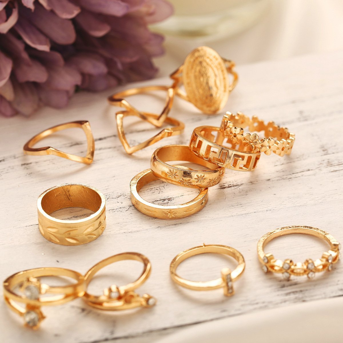 13 Piece Medallion Ring Set With Austrian Crystals 18K Gold Plated Ring ITALY Design Elsy Style Ring