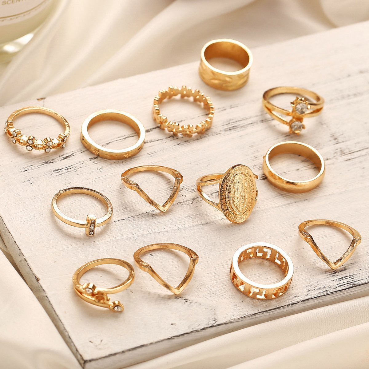 13 Piece Medallion Ring Set With Austrian Crystals 18K Gold Plated Ring ITALY Design Elsy Style Ring