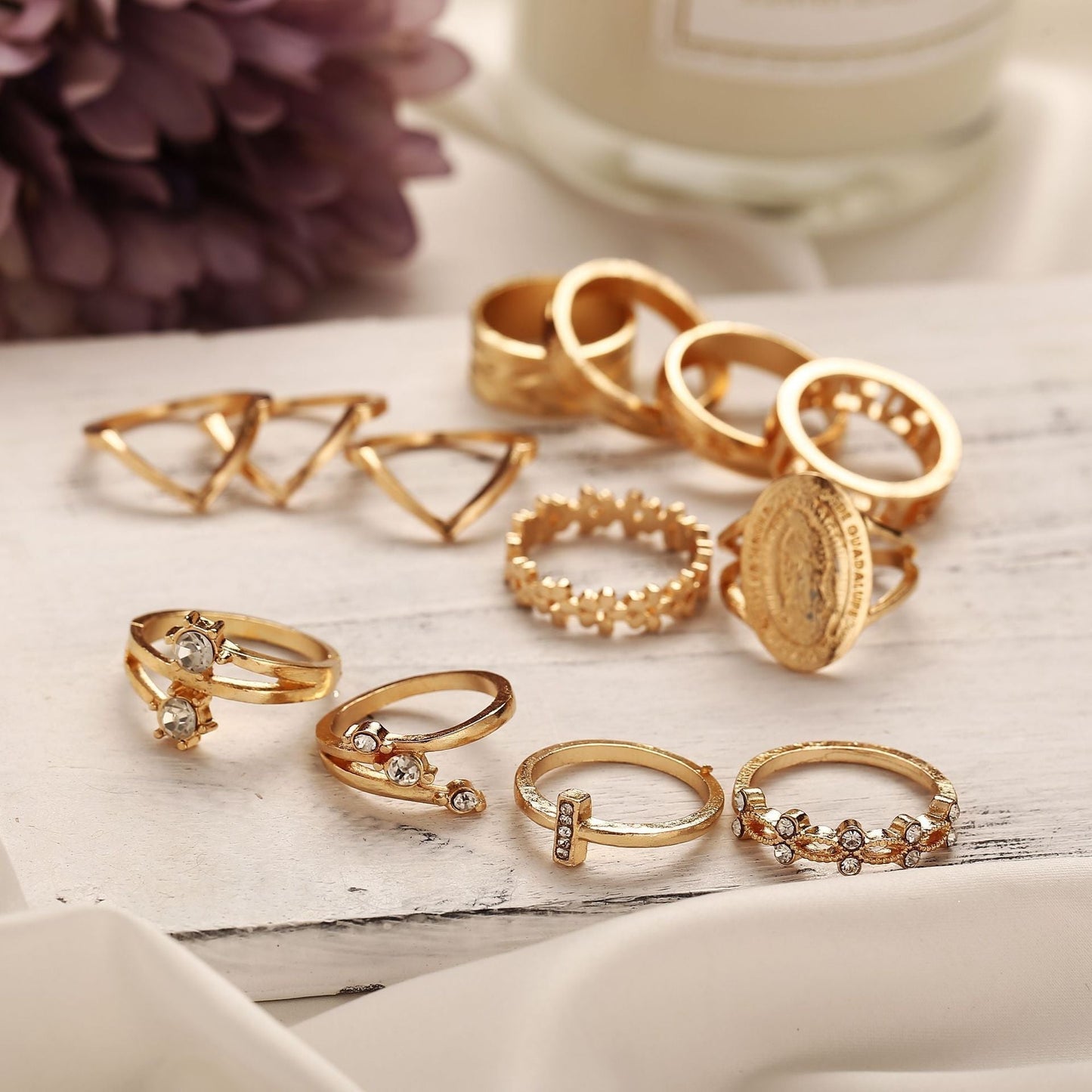 13 Piece Medallion Ring Set With Austrian Crystals 18K Gold Plated Ring ITALY Design Elsy Style Ring