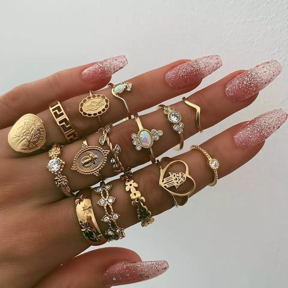 15 Piece Assorted Ring Set With Austrian Crystals 18K Gold Plated Ring in 18K Gold Plated ITALY Design Elsy Style Ring