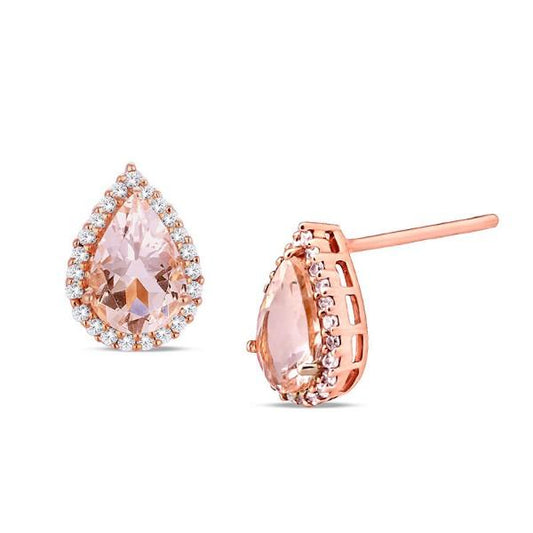 2.00 CTTW Morganite Pear Cut Pav'e Studs in 14K Rose Gold Elsy Style Earring