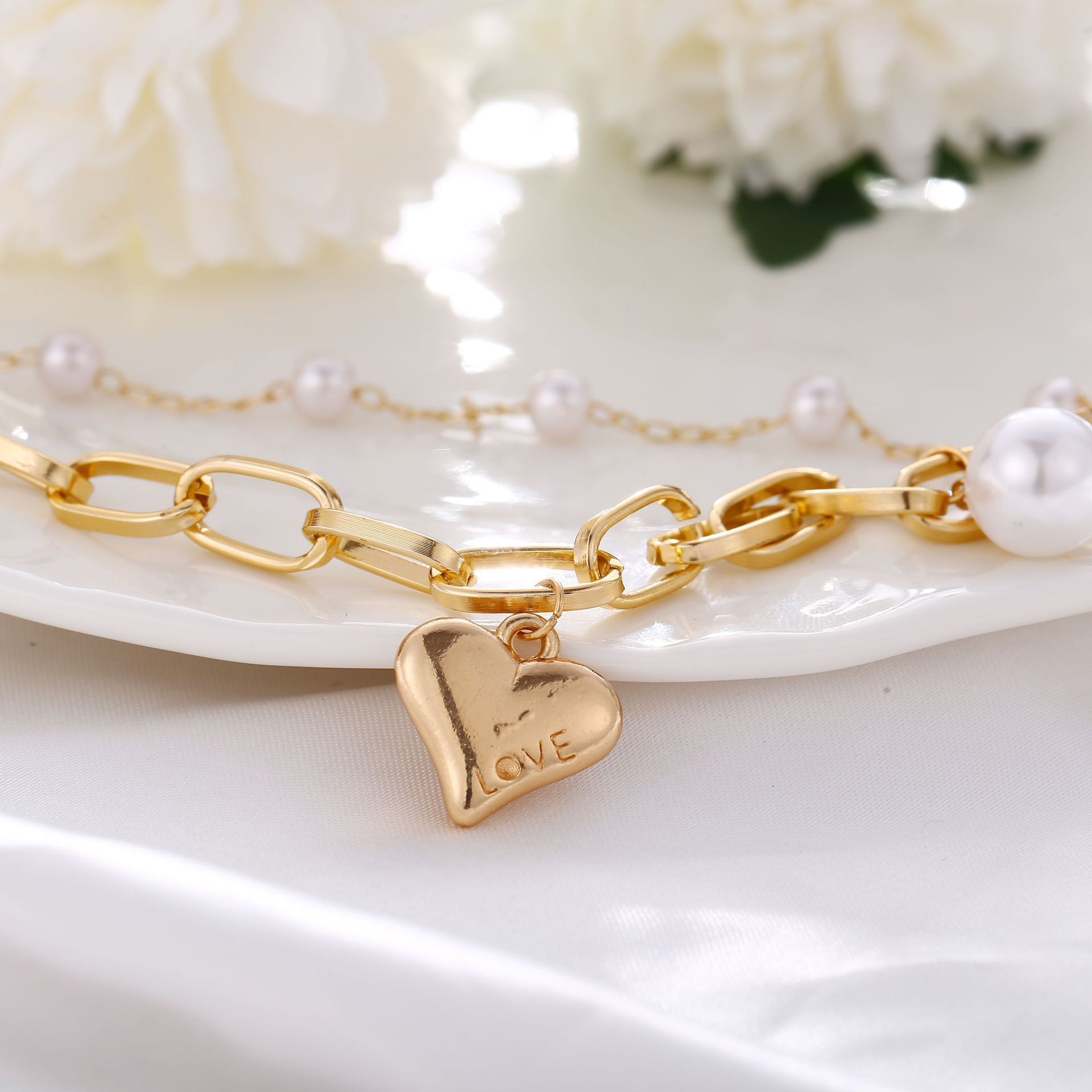 2 Piece Heart and Pearl Bracelet Set 18K Gold Plated Bracelet ITALY Design Elsy Style Bracelet