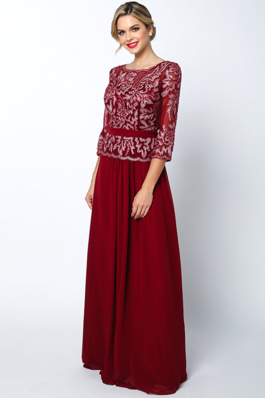 3/4 Sleeves Front Beading Embroidered Bodice Long Mother Of The Bride Dress JT634 Elsy Style Mother of the Bride Dress