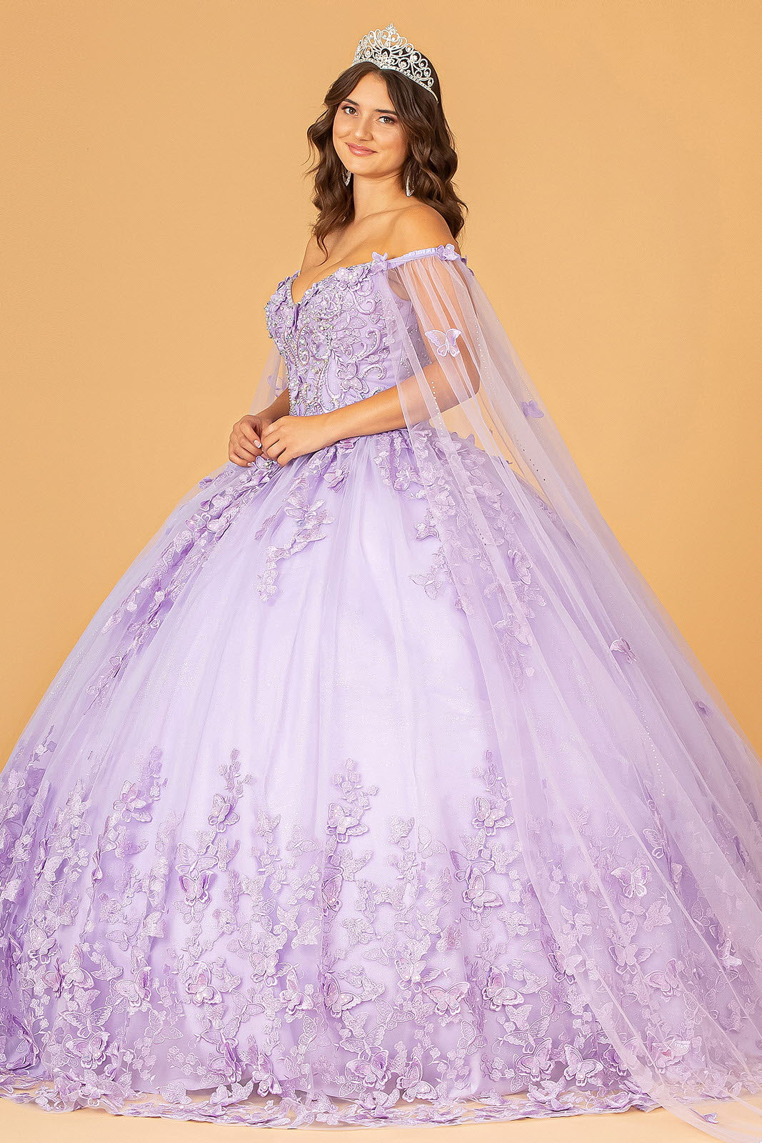 3-D Butterfly Applique Glitter Quinceanera Gown Long Mesh Layer GLGL3110 Elsy Style QUINCEANERA