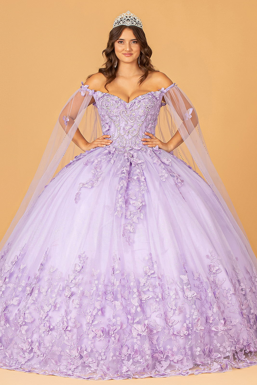 3-D Butterfly Applique Glitter Quinceanera Gown Long Mesh Layer GLGL3110 Elsy Style QUINCEANERA