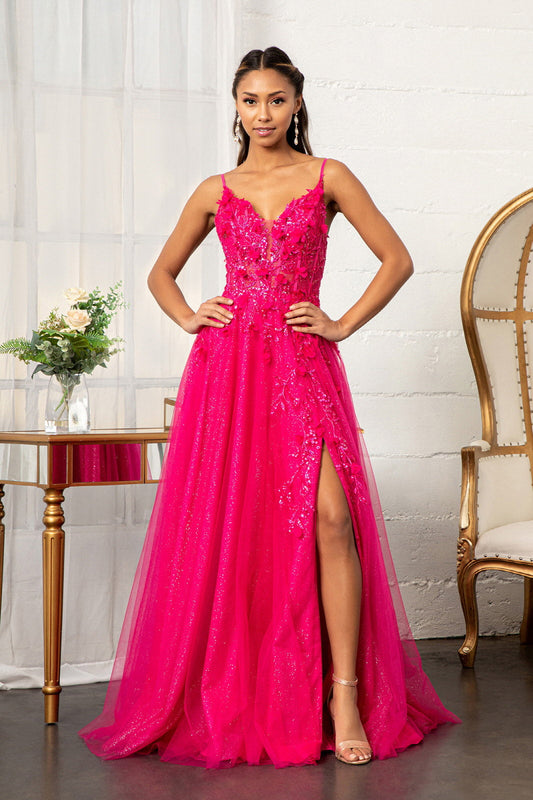 3-D Flower Applique Glitter Mesh A-line Dress Embroidery and Sequin GLGL3034 Elsy Style PROM