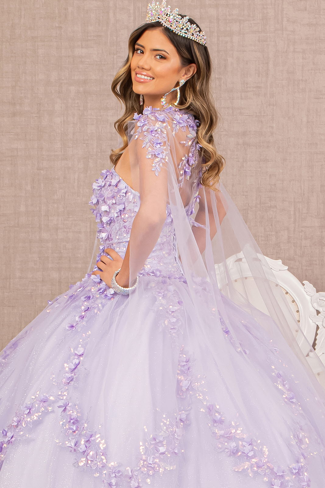 3-D Flower Applique Glitter Quinceanera Gown Detachable Mesh Long Sleeves GLGL3103 Elsy Style QUINCEANERA