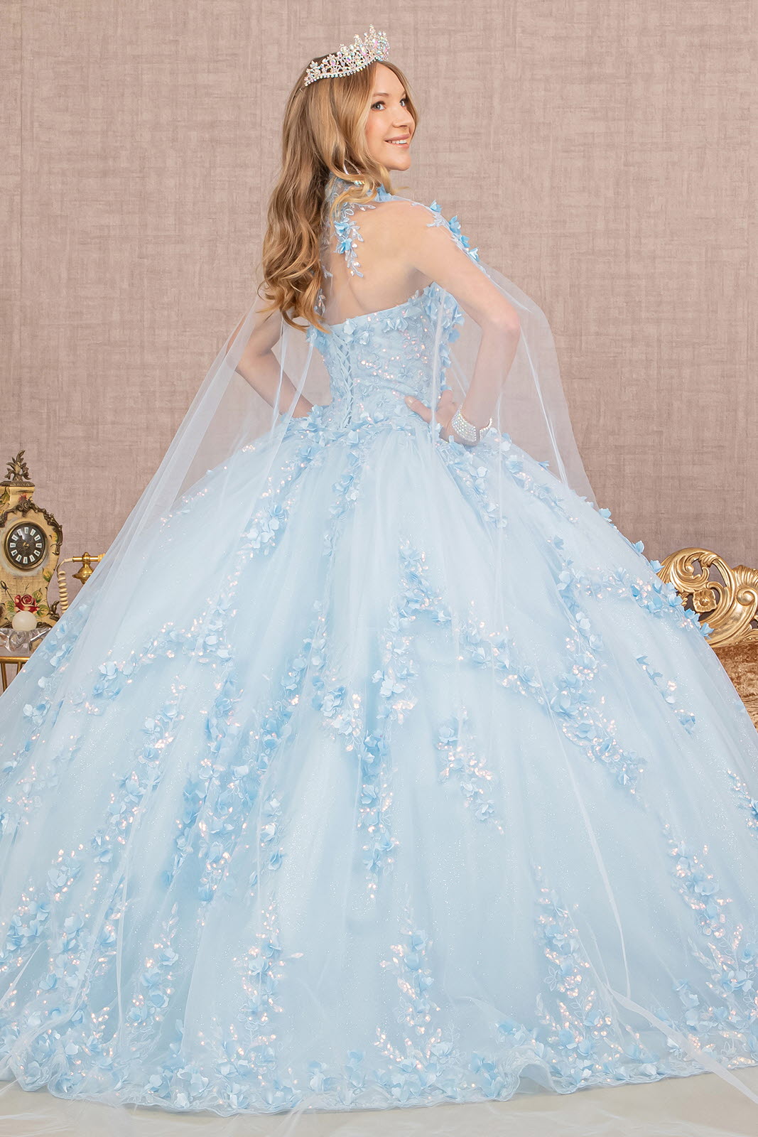 3-D Flower Applique Glitter Quinceanera Gown Detachable Mesh Long Sleeves GLGL3103 Elsy Style QUINCEANERA