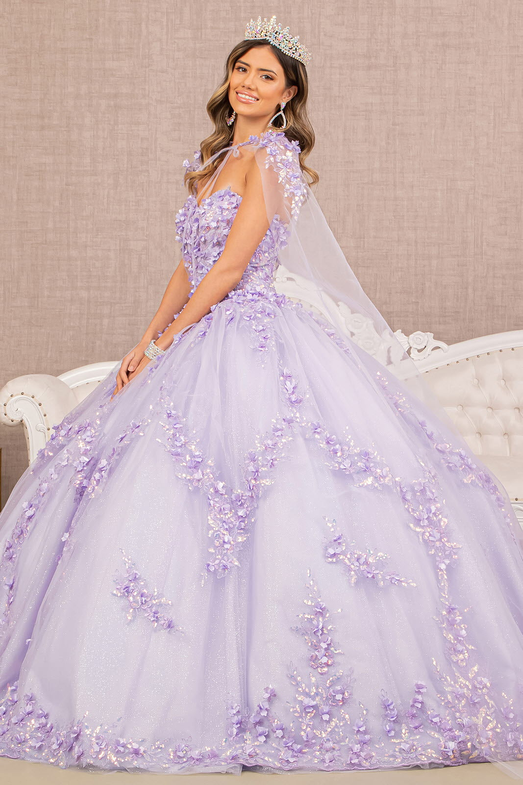 3-D Flower Applique Glitter Quinceanera Gown Detachable Mesh Long Sleeves GLGL3103 Elsy Style QUINCEANERA