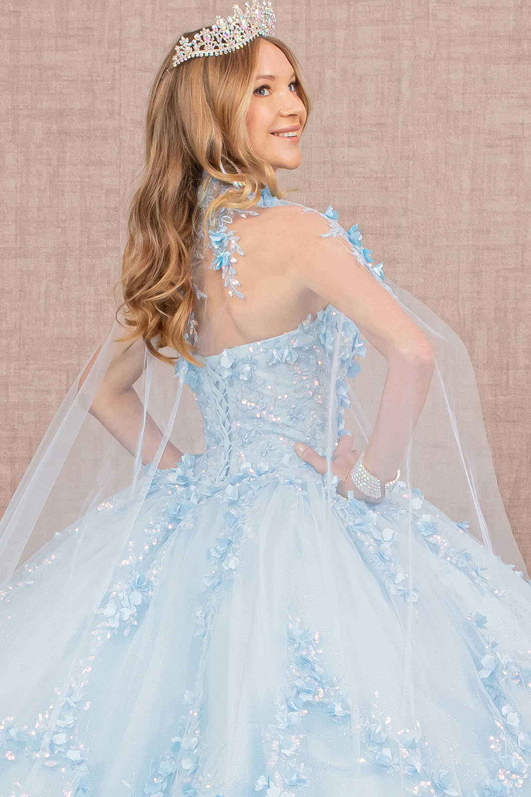 3-D Flower Applique Glitter Quinceanera Gown Detachable Mesh Long Sleeves GLGL3103 Elsy Style QUINCEANERA