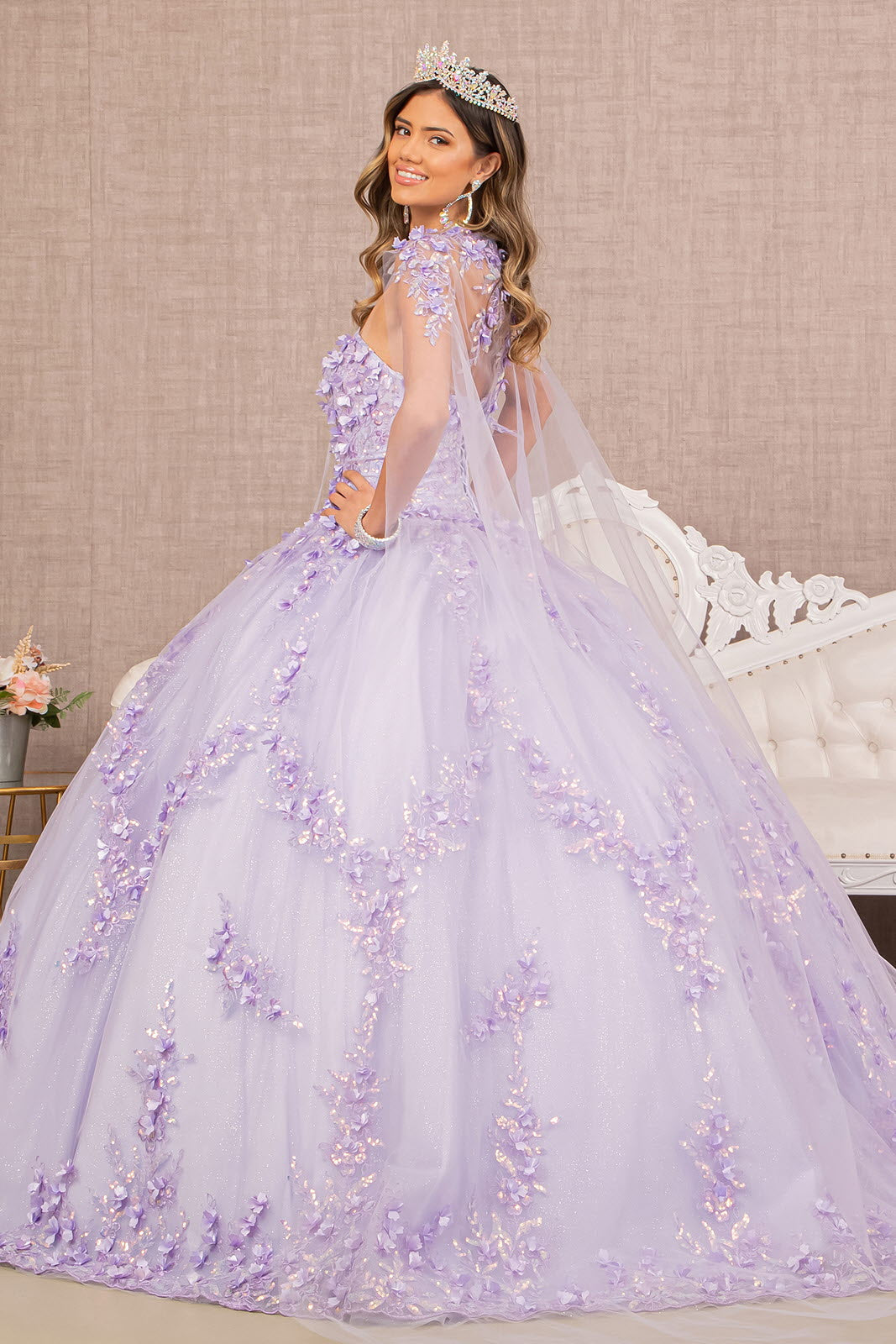 3-D Flower Applique Glitter Quinceanera Gown Detachable Mesh Long Sleeves GLGL3103 Elsy Style QUINCEANERA