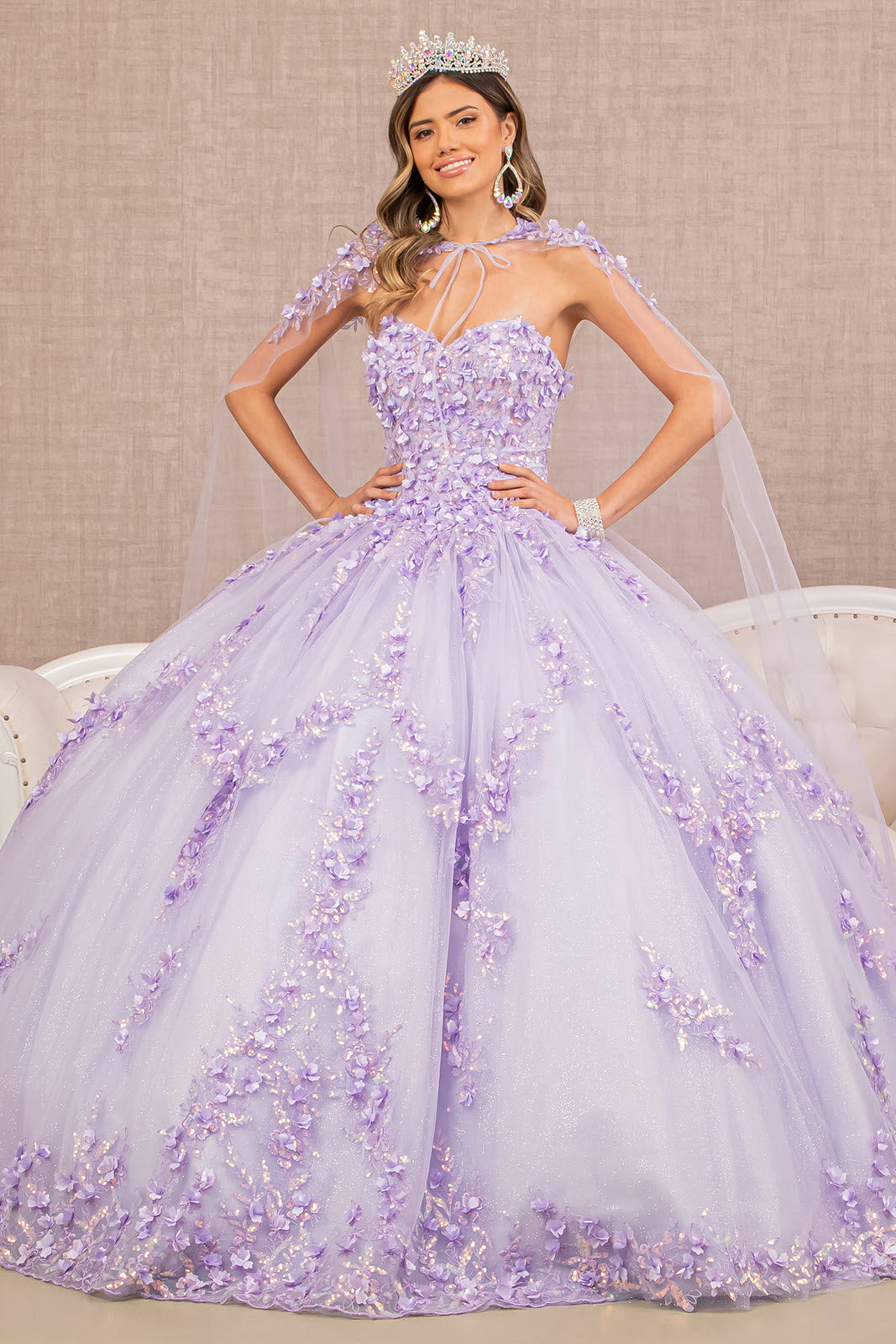 3-D Flower Applique Glitter Quinceanera Gown Detachable Mesh Long Sleeves GLGL3103 Elsy Style QUINCEANERA