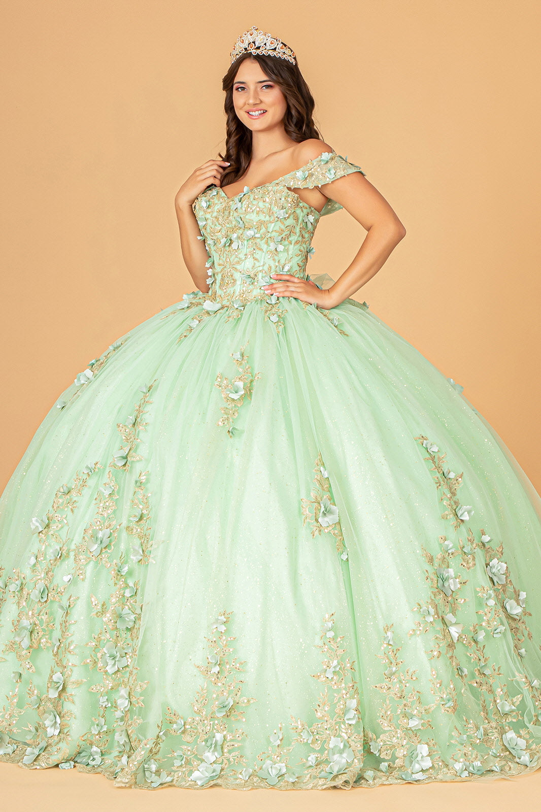 3-D Flower Applique Sweetheart Neckline Mesh Quinceanera Ball Gown GLGL3102 Elsy Style QUINCEANERA