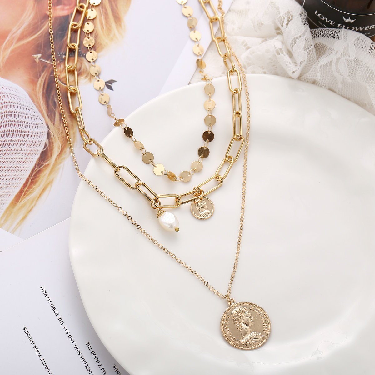 3 Piece Coin Pearl Necklace 18K Gold Plated Necklace in 18K Gold Plated ITALY Design Elsy Style Necklace