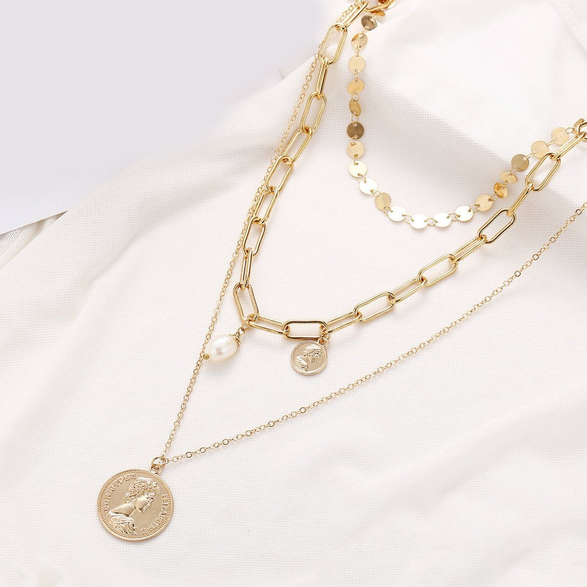 3 Piece Coin Pearl Necklace 18K Gold Plated Necklace in 18K Gold Plated ITALY Design Elsy Style Necklace