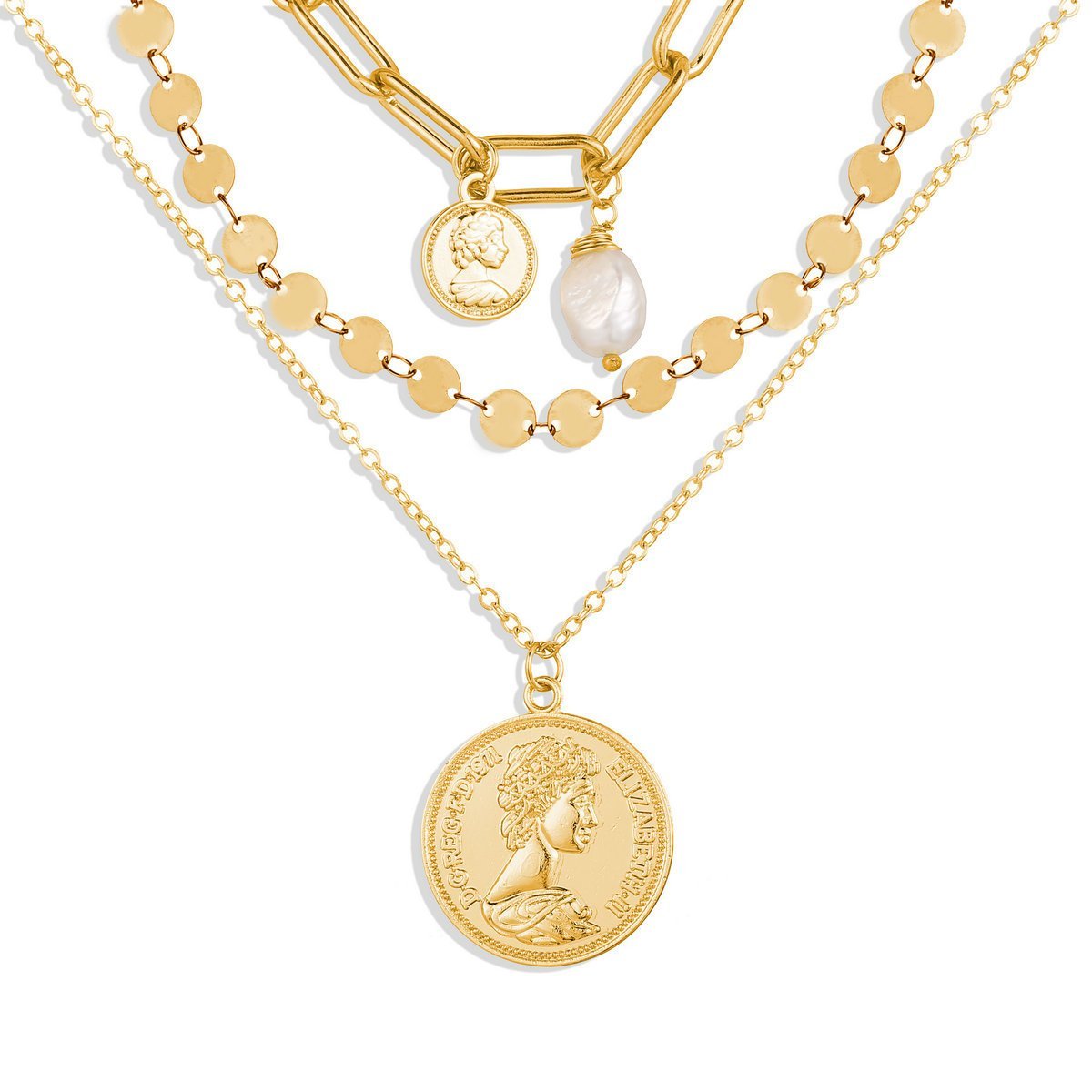 3 Piece Coin Pearl Necklace 18K Gold Plated Necklace in 18K Gold Plated ITALY Design Elsy Style Necklace