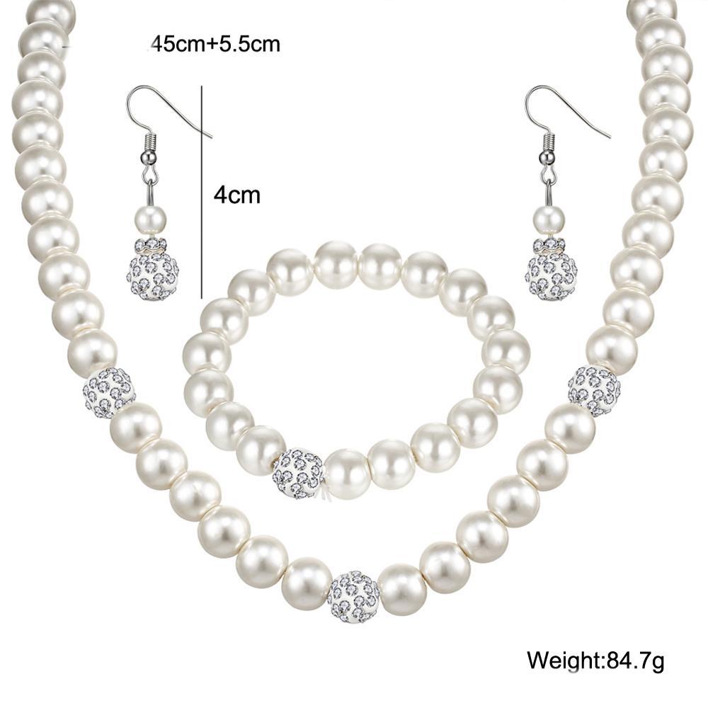 3 Piece Pearl and Shamballa Jewelry Set With Crystals 18K White Gold Plated Set in 18K White Gold Plated ITALY Design Elsy Style Set