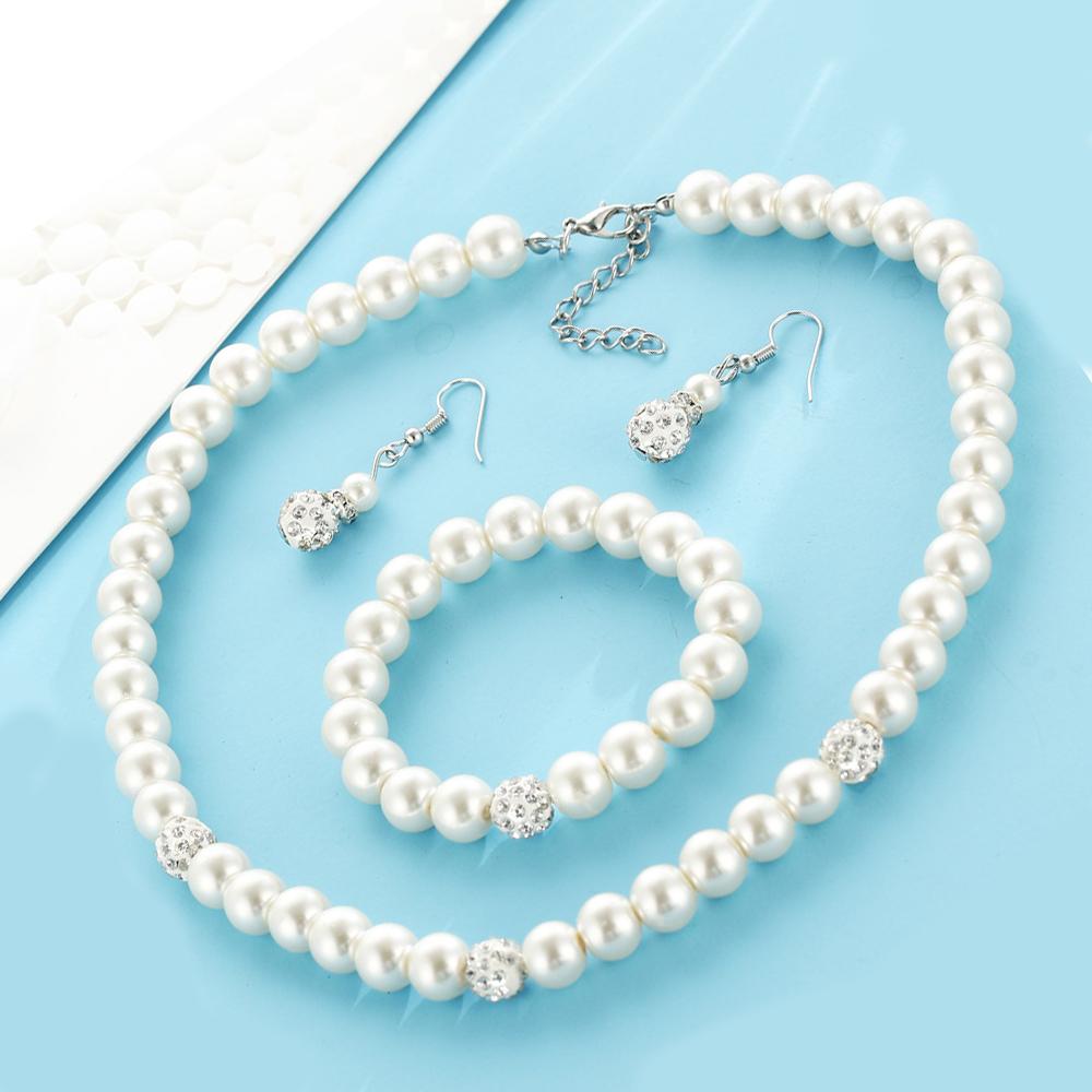 3 Piece Pearl and Shamballa Jewelry Set With Crystals 18K White Gold Plated Set in 18K White Gold Plated ITALY Design Elsy Style Set