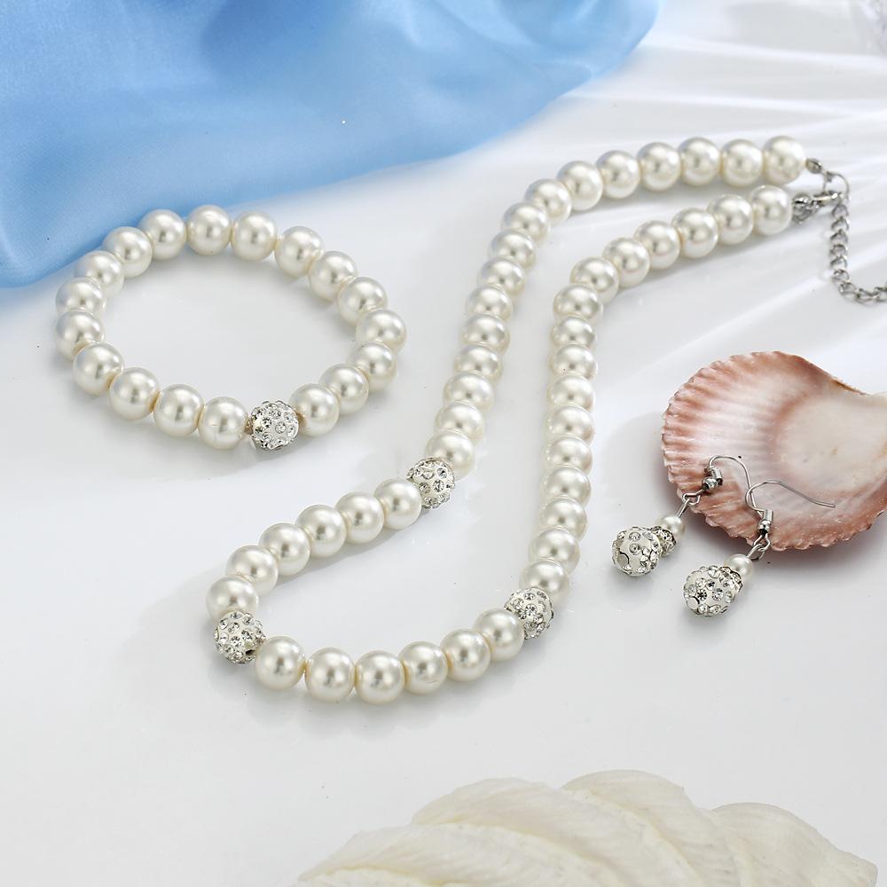 3 Piece Pearl and Shamballa Jewelry Set With Crystals 18K White Gold Plated Set in 18K White Gold Plated ITALY Design Elsy Style Set