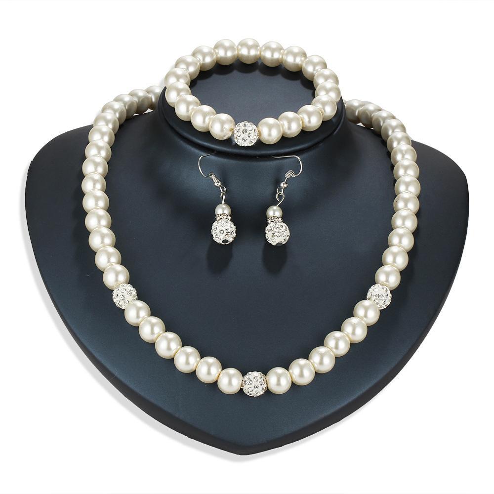 3 Piece Pearl and Shamballa Jewelry Set With Crystals 18K White Gold Plated Set in 18K White Gold Plated ITALY Design Elsy Style Set