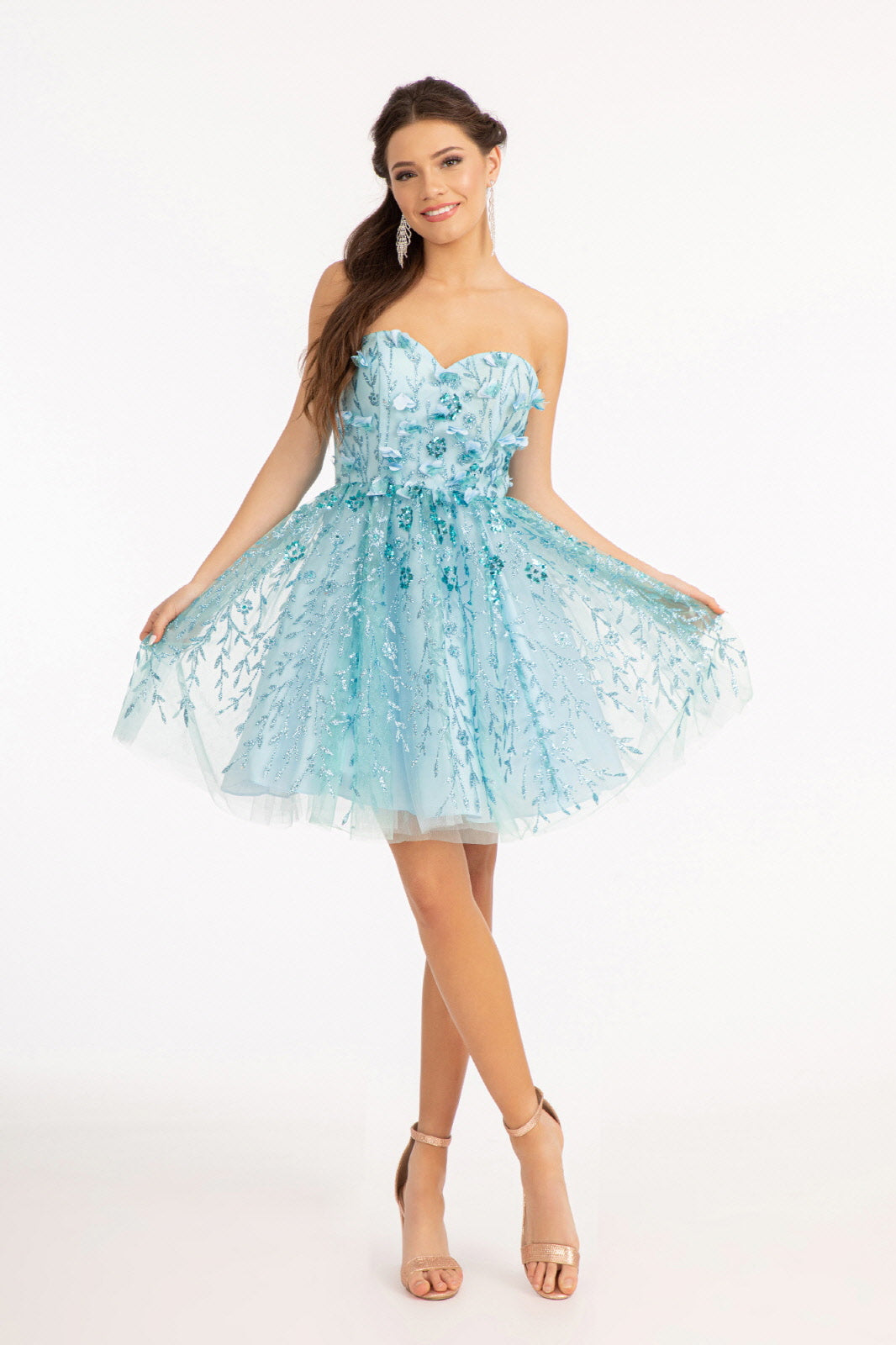 3D Floral Applique Embellished Glitter Mesh Sweetheart Short Dress GLGS1995 Elsy Style HOMECOMING