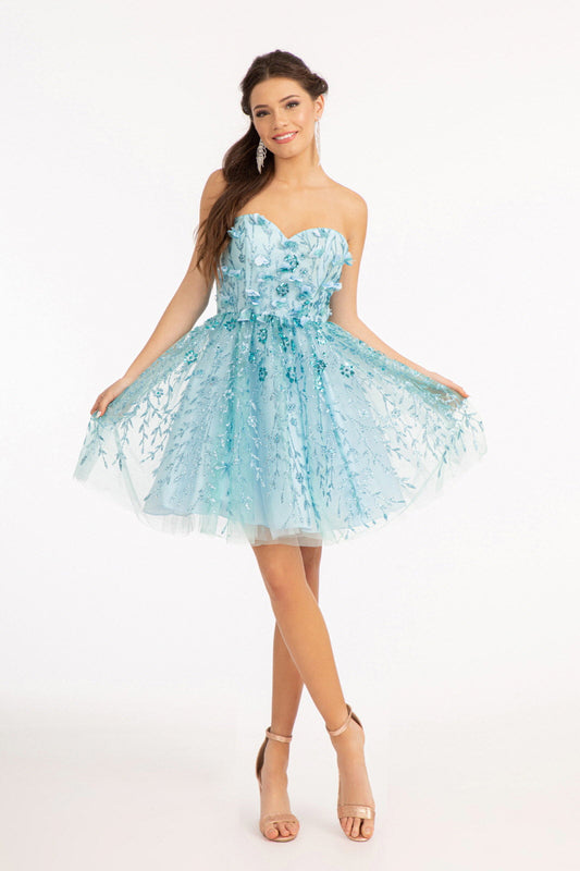 3D Floral Applique Embellished Glitter Mesh Sweetheart Short Dress GLGS1995 Elsy Style HOMECOMING