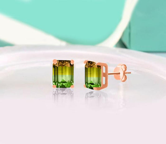 5.00 Ctw Emerald Cut Citrine/Emerald Stud Earringsin 18K Rose Gold Plated Elsy Style Earring