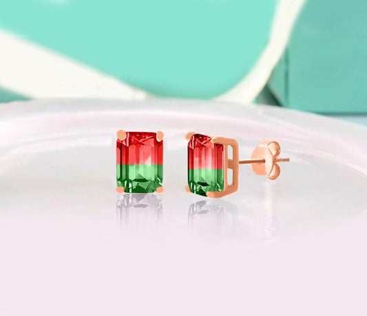 5.00 Ctw Emerald Cut Ruby/Emerald Stud Earringsin 18K Rose Gold Plated Elsy Style Earring