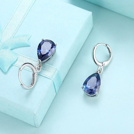 5.55 CTTW Sapphire Pear Shaped Drop Earrings Set in 18K White Gold ITALY Design Elsy Style Earring