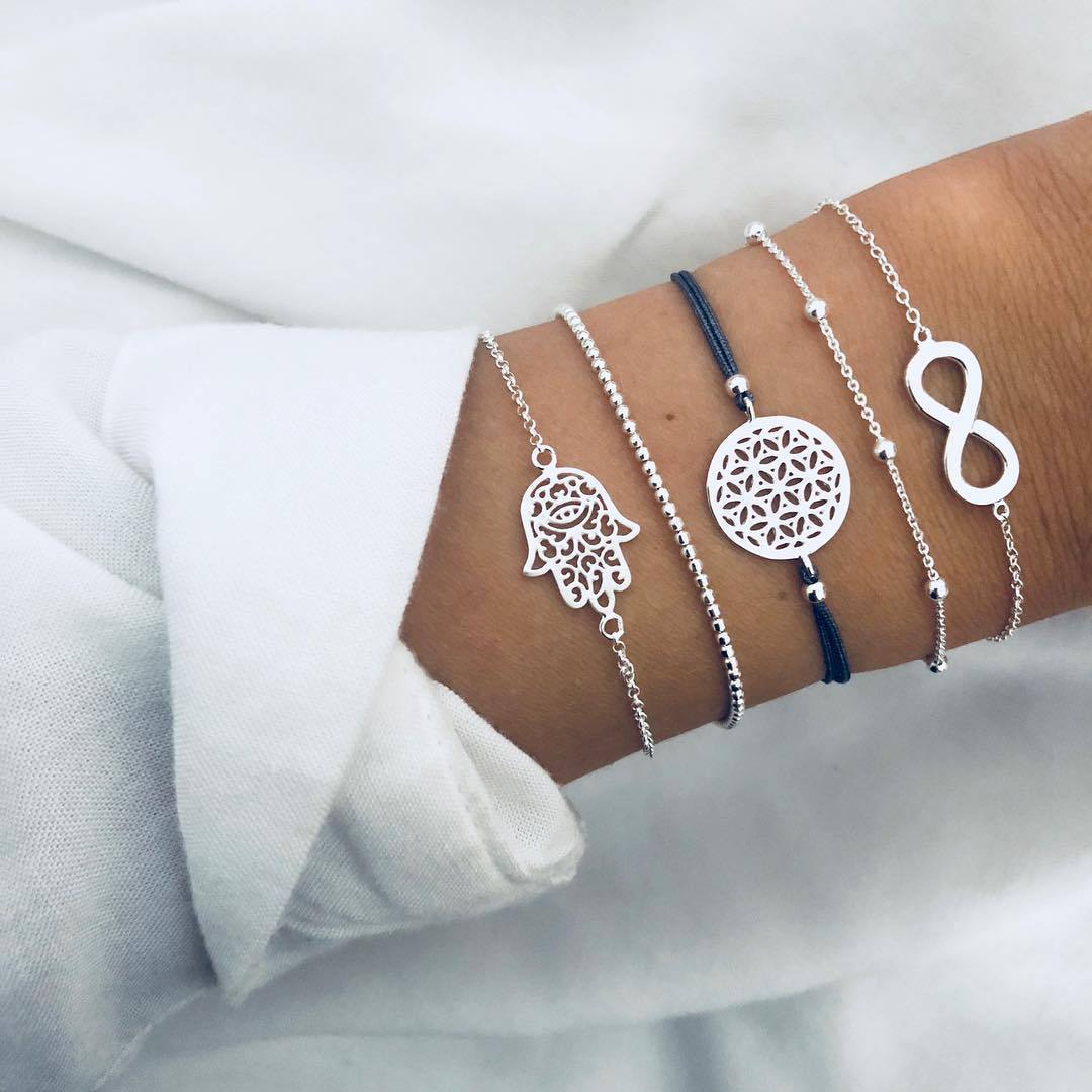 5 Piece Hamsa Infinity Bracelet Set 18K White Gold Plated Bracelet ITALY Design Elsy Style Bracelet