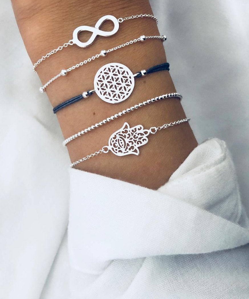 5 Piece Hamsa Infinity Bracelet Set 18K White Gold Plated Bracelet ITALY Design Elsy Style Bracelet