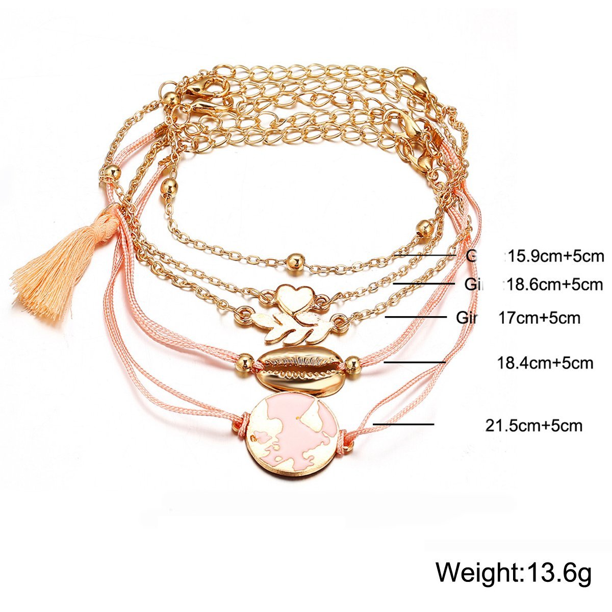 5 Piece Pink Global Tassell Bracelet Set 18K Rose Gold Plated Bracelet ITALY Design Elsy Style Bracelet