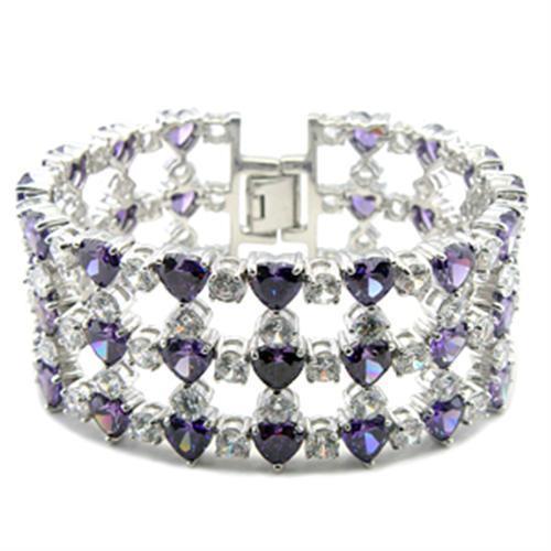 62204 - Rhodium Brass Bracelet with AAA Grade CZ  in Amethyst Elsy Style Bracelet