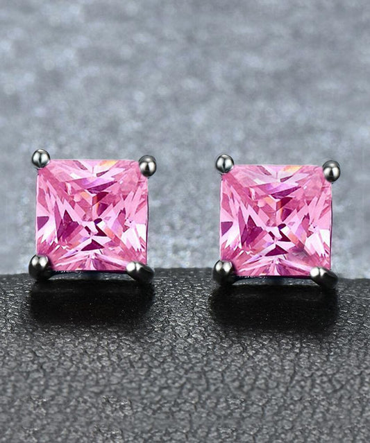 6mm Princess Stud Earring With Austrian Crystals -Pink in 18K White Gold Plated ITALY Design Elsy Style Earring