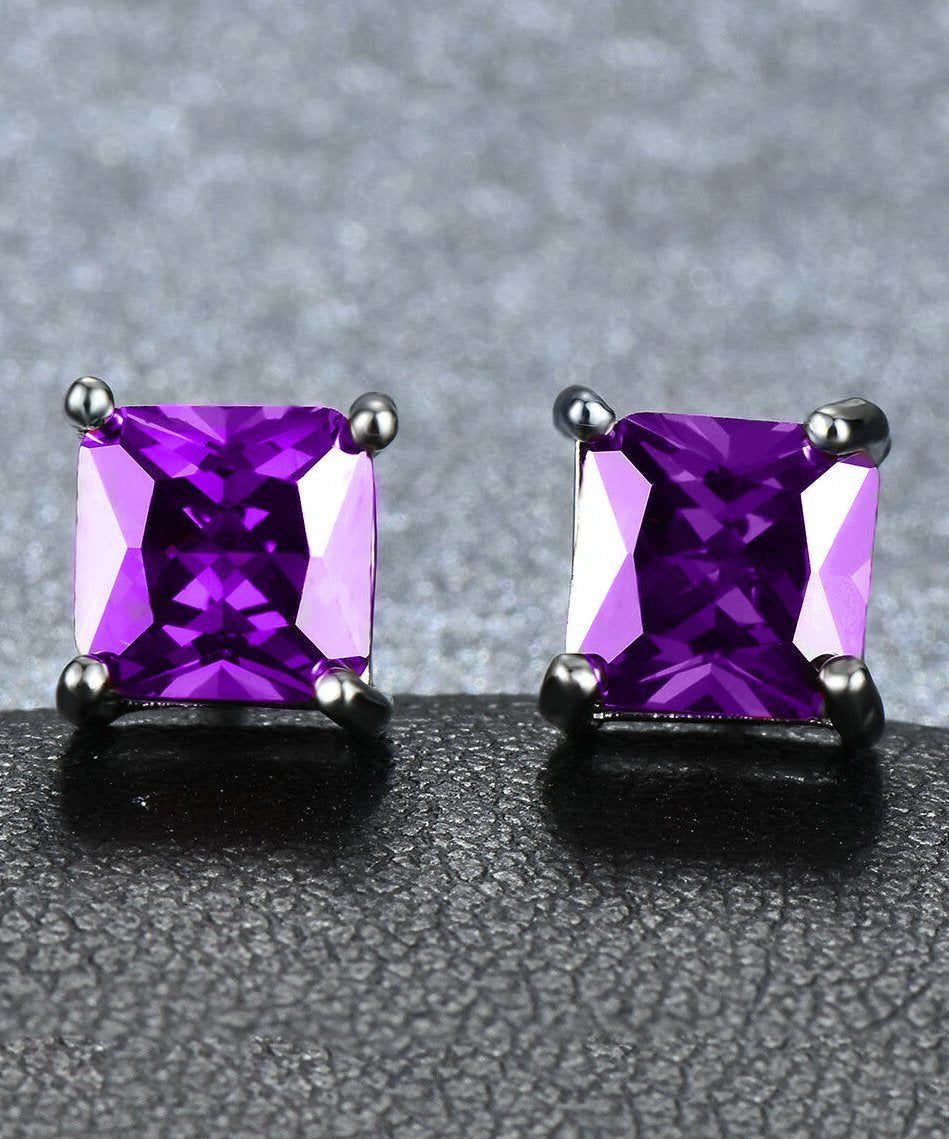 6mm Princess Stud Earring With Austrian Crystals -Purple in 18K White Gold Plated ITALY Design Elsy Style Earring