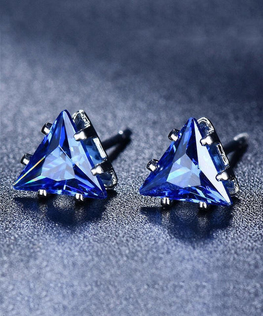 6mm Triangle Stud Earring With Austrian Crystals - Sapphire in 18K White Gold Plated ITALY Design Elsy Style Earring