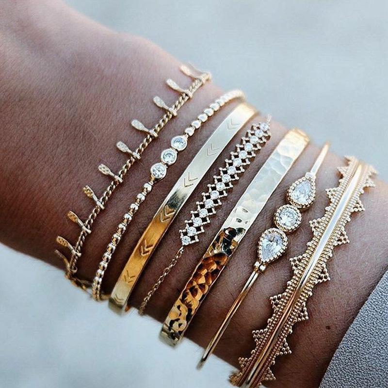 7 Piece Geometric Bangle Set With Austrian Crystals 18K Gold Plated Bracelet ITALY Design Elsy Style Bracelet