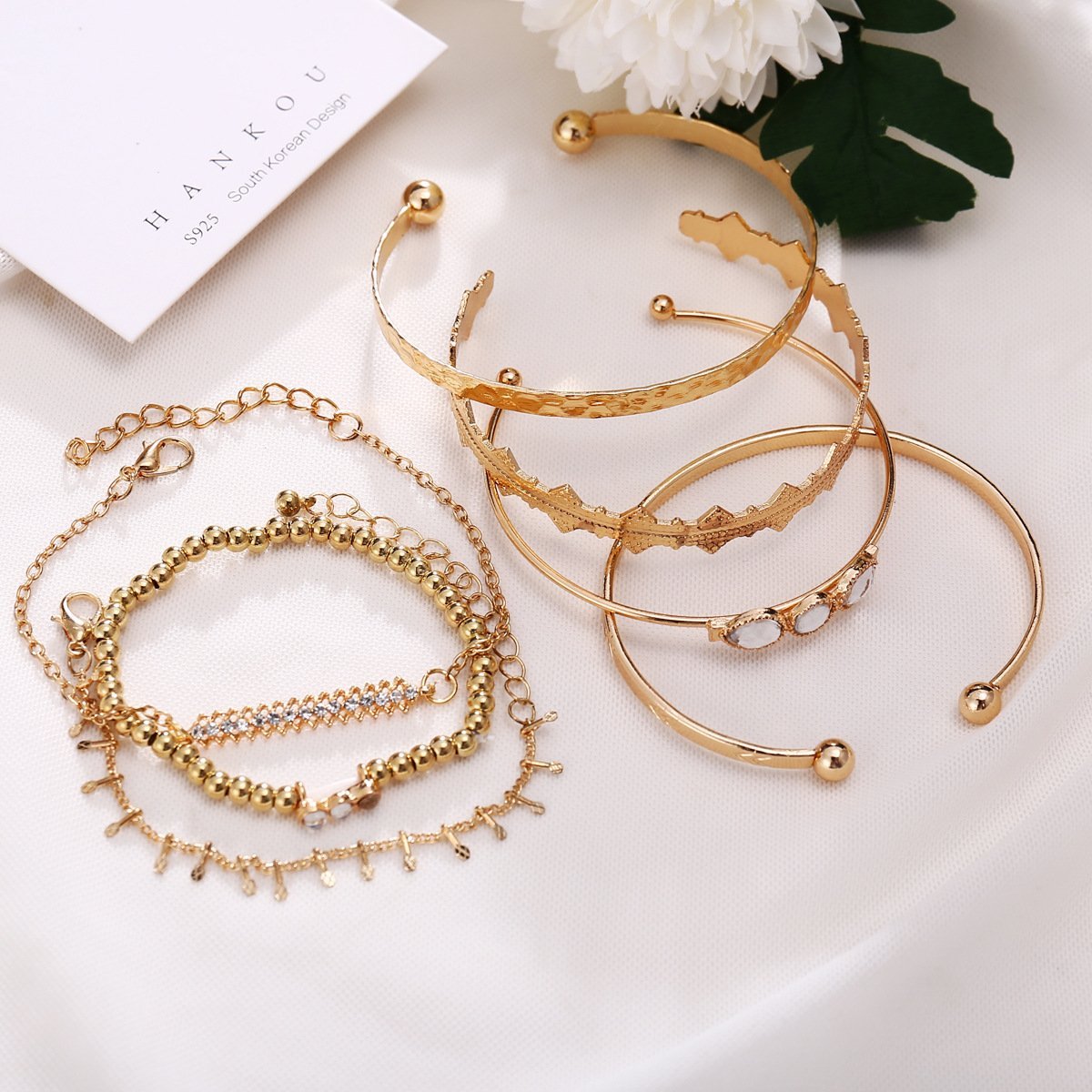 7 Piece Geometric Bangle Set With Austrian Crystals 18K Gold Plated Bracelet ITALY Design Elsy Style Bracelet