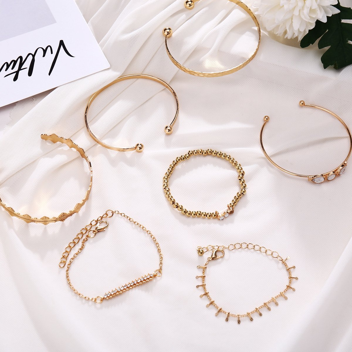 7 Piece Geometric Bangle Set With Austrian Crystals 18K Gold Plated Bracelet ITALY Design Elsy Style Bracelet