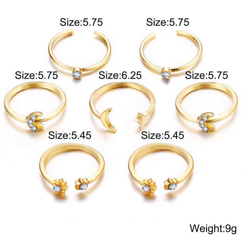 7 Piece Moon & Stars Ring Set With Austrian Crystals 18K Gold Plated Ring in 18K Gold Plated ITALY Design Elsy Style Ring