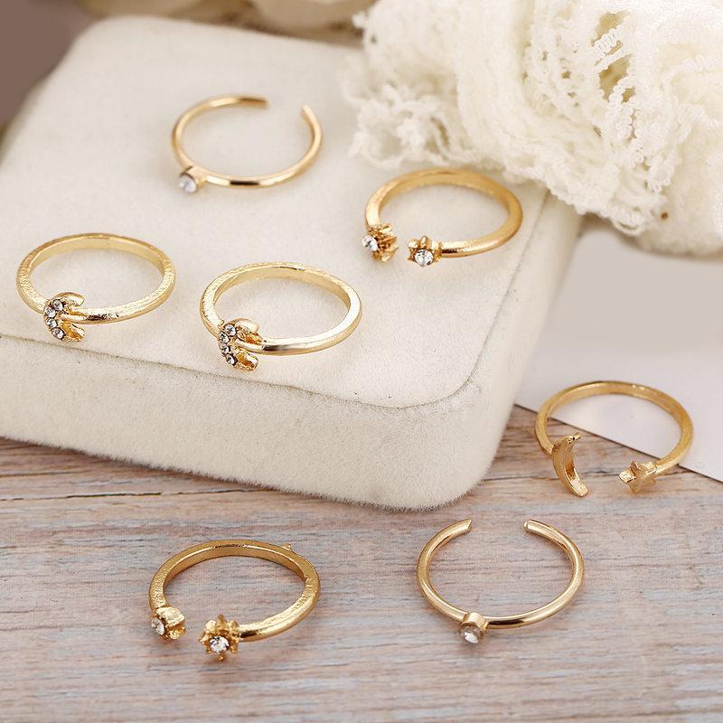 7 Piece Moon & Stars Ring Set With Austrian Crystals 18K Gold Plated Ring in 18K Gold Plated ITALY Design Elsy Style Ring