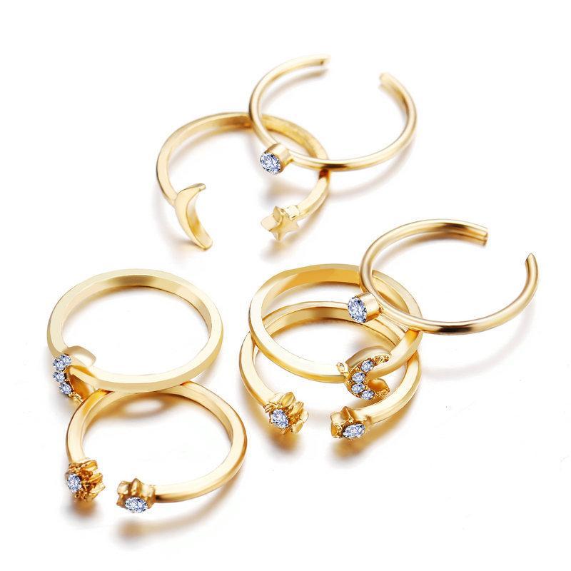 7 Piece Moon & Stars Ring Set With Austrian Crystals 18K Gold Plated Ring in 18K Gold Plated ITALY Design Elsy Style Ring