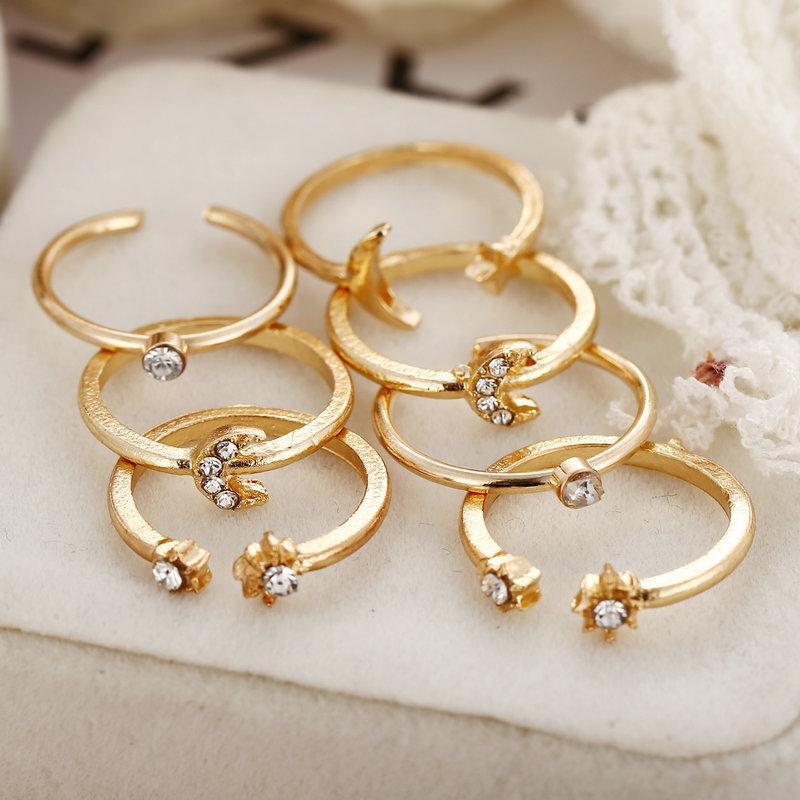 7 Piece Moon & Stars Ring Set With Austrian Crystals 18K Gold Plated Ring in 18K Gold Plated ITALY Design Elsy Style Ring