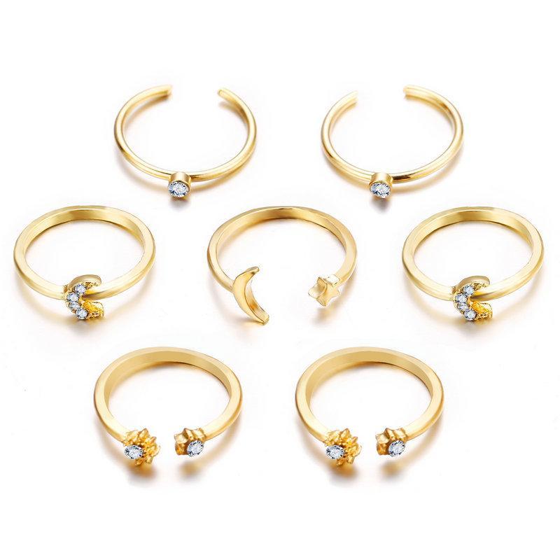 7 Piece Moon & Stars Ring Set With Austrian Crystals 18K Gold Plated Ring in 18K Gold Plated ITALY Design Elsy Style Ring