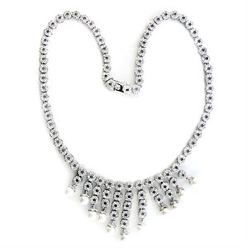 7X407 - Rhodium Brass Necklace with Synthetic Pearl in White Elsy Style Necklace