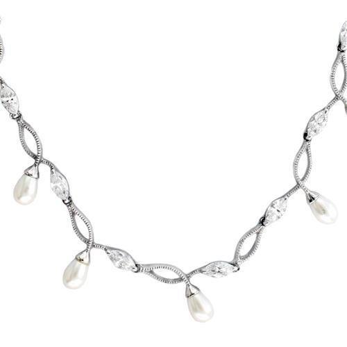 7X420 - Rhodium 925 Sterling Silver Necklace with Synthetic Pearl in White Elsy Style Necklace