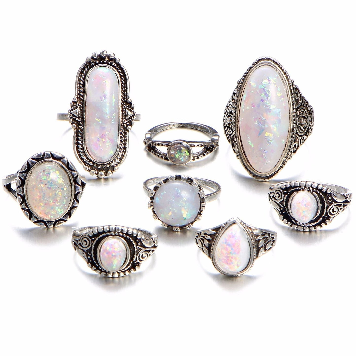 8 Piece Opal Created Oxidized Ring Set With Austrian Crystals 18K White Gold Plated Ring ITALY Design Elsy Style Ring