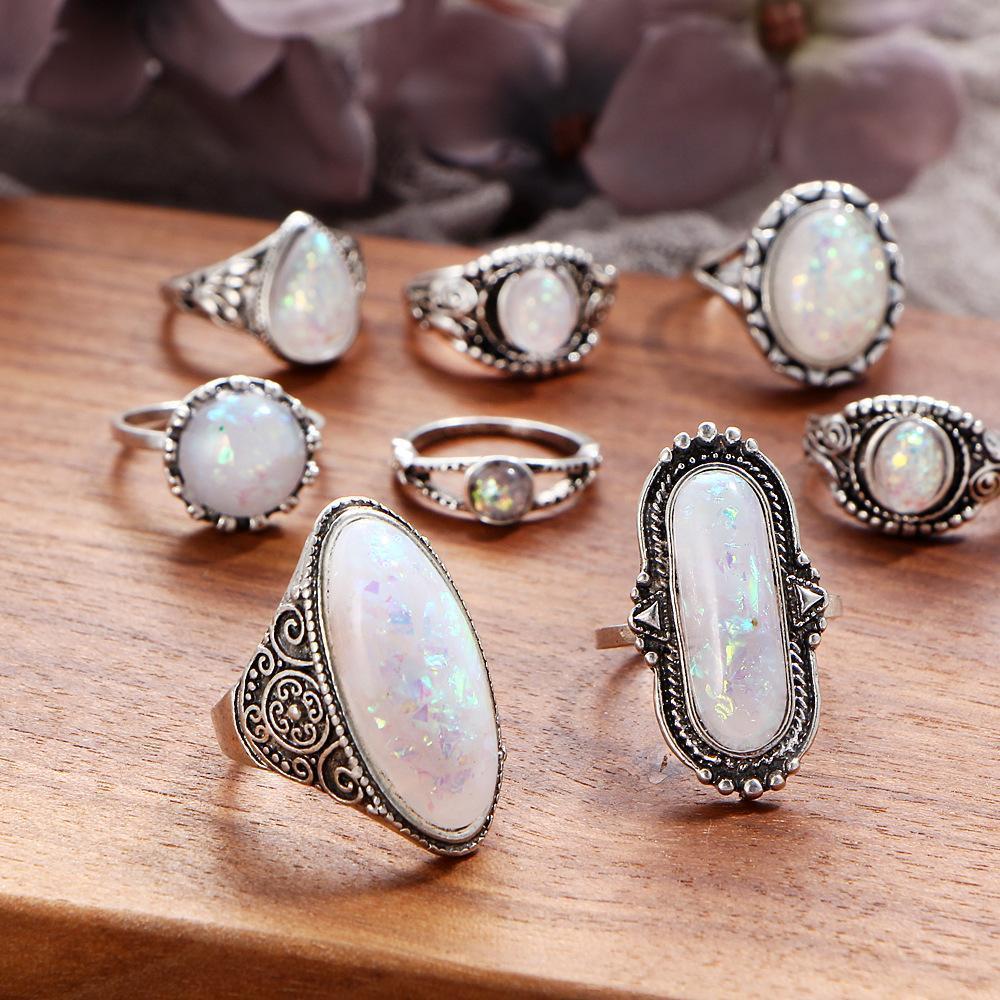 8 Piece Opal Created Oxidized Ring Set With Austrian Crystals 18K White Gold Plated Ring ITALY Design Elsy Style Ring